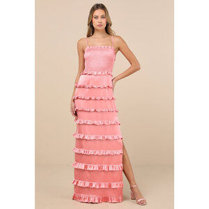 Lulus Sincerely Fabulous Peach Pink Satin Smocked Ruffled Maxi Dress - Size L